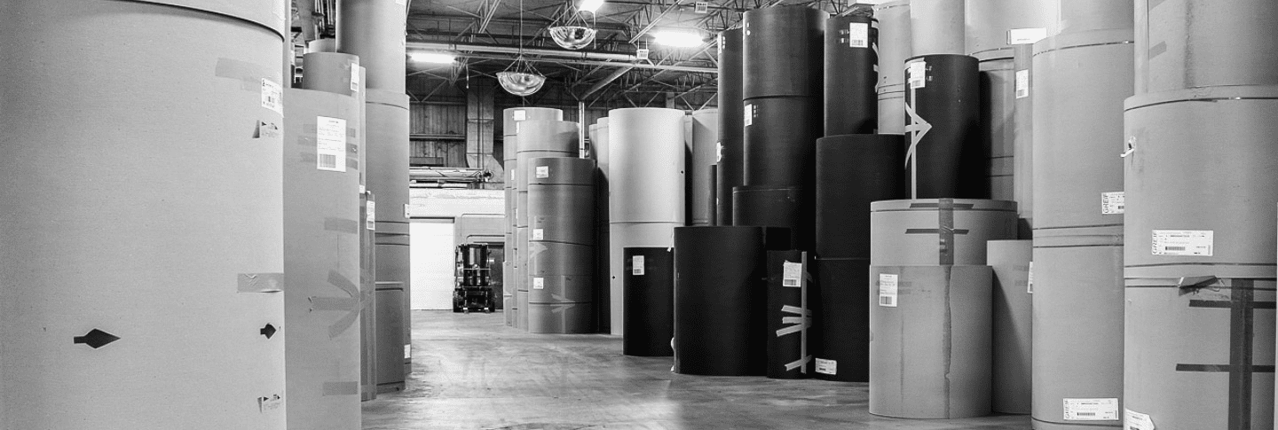 Racked roll stock waiting to run at the Fibre Converters plant